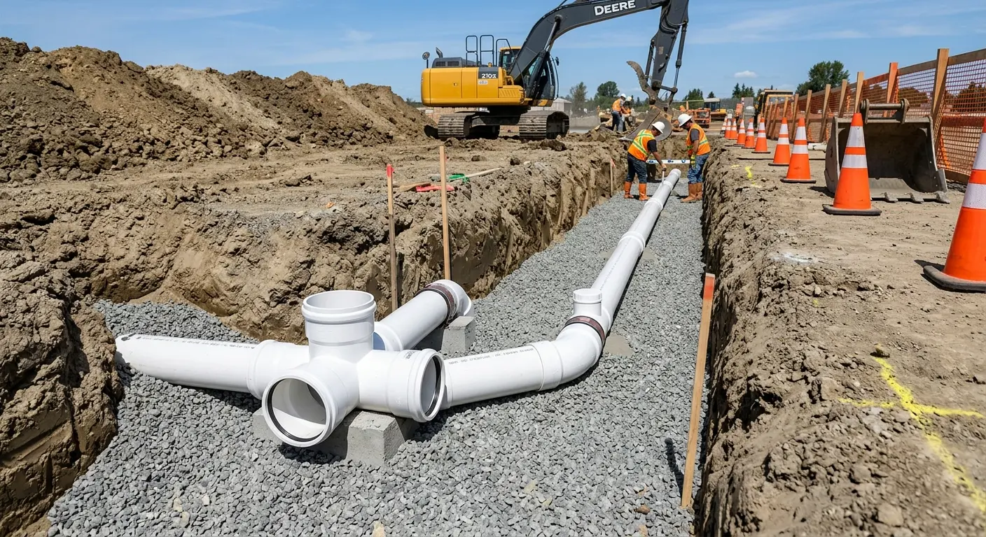 New PVC sewer pipe installation in open trench for Sewer Backup in Kingsport