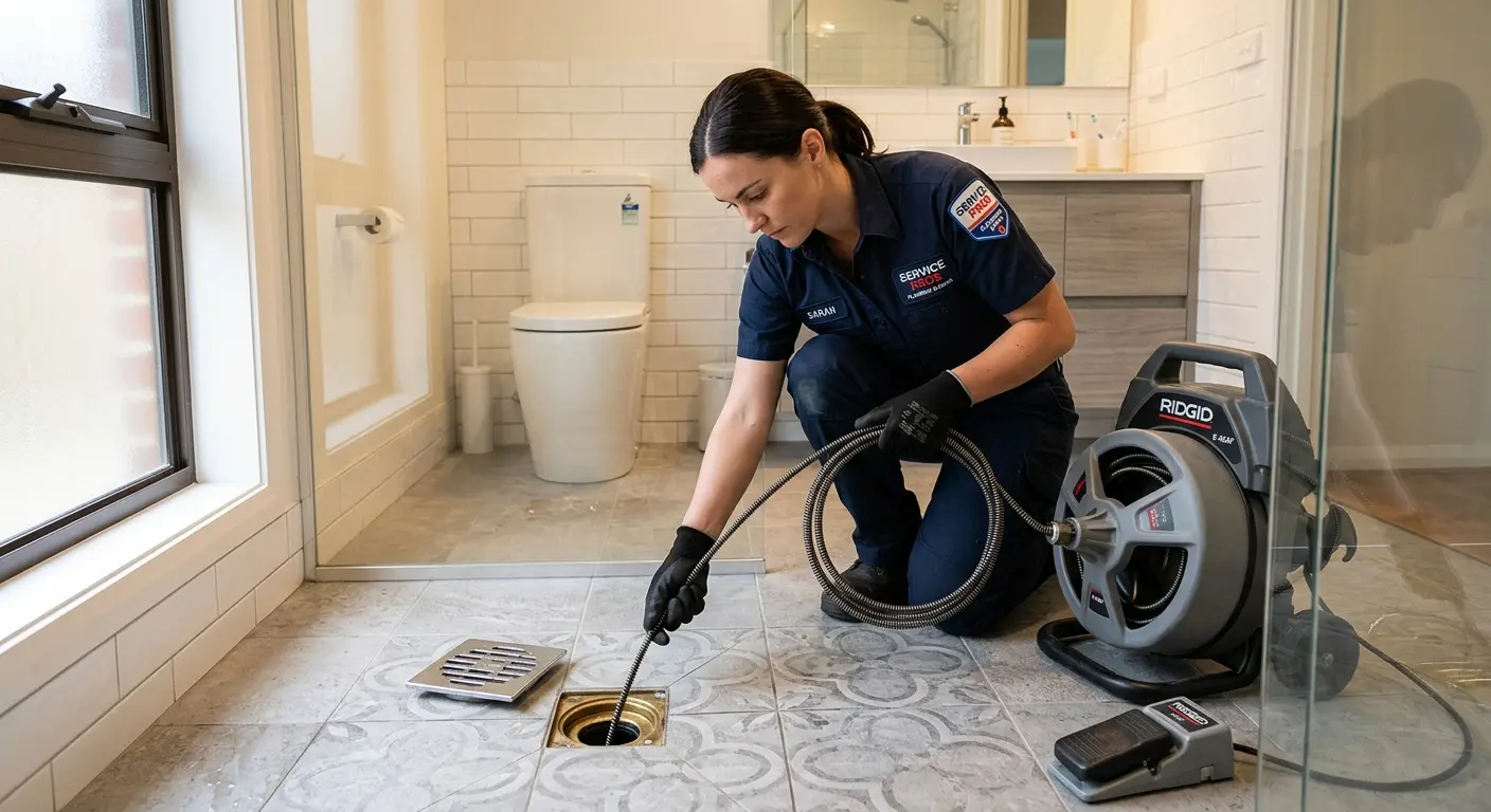 Technician clearing a bathroom floor drain for Drain Cleaning in Kingsport